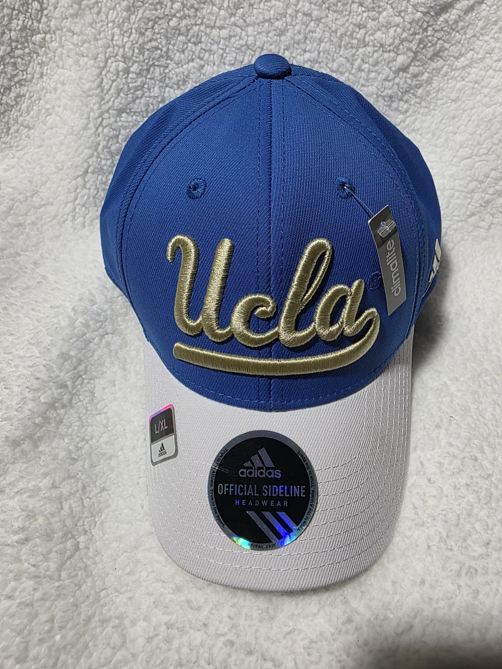 adidas Blue and White UCLA Script Fitted Size L/XL Baseball Cap